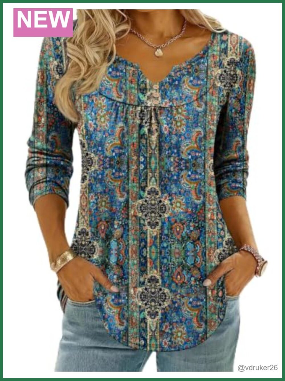 Zeagoo Womens Long Sleeve Henley V Neck Tunic Top Pleated Blouse